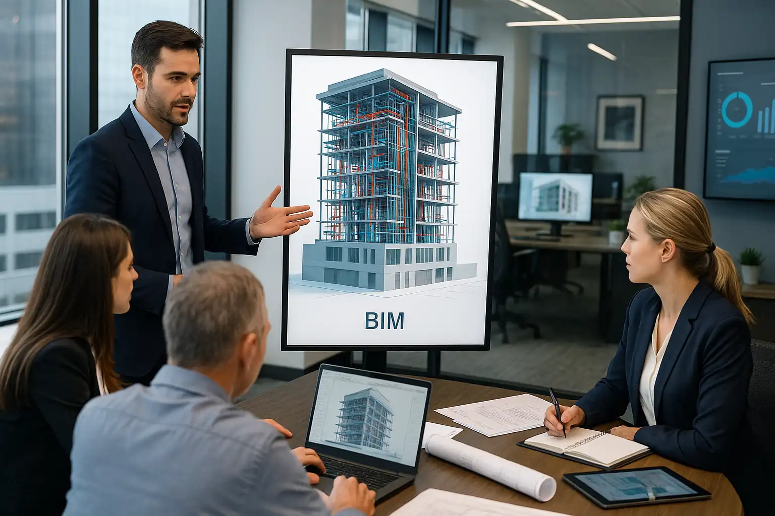 Команда инженеров и проектировщиков обсуждает BIM-модель здания на большом экране в современном офисе с техникой, ноутбуками и чертежами.